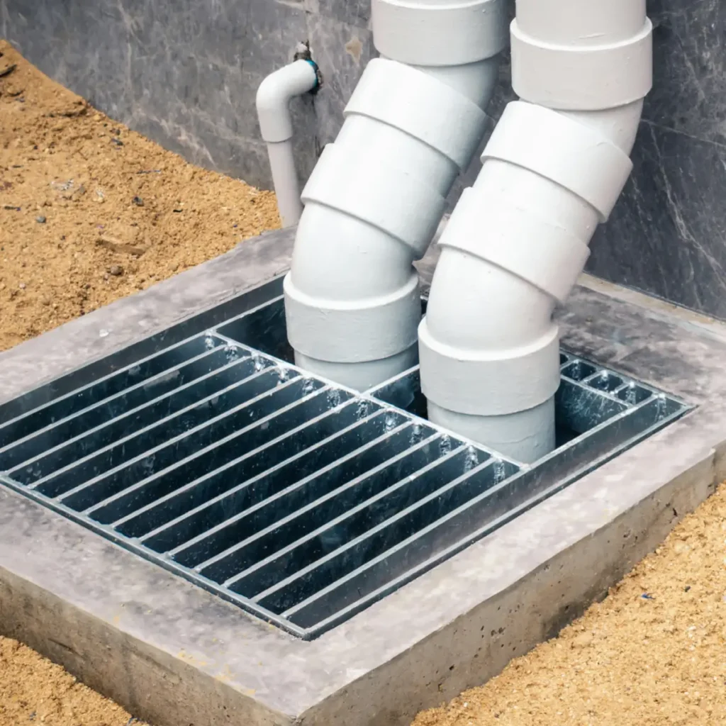 exterior drain in residential backyard with two downspouts