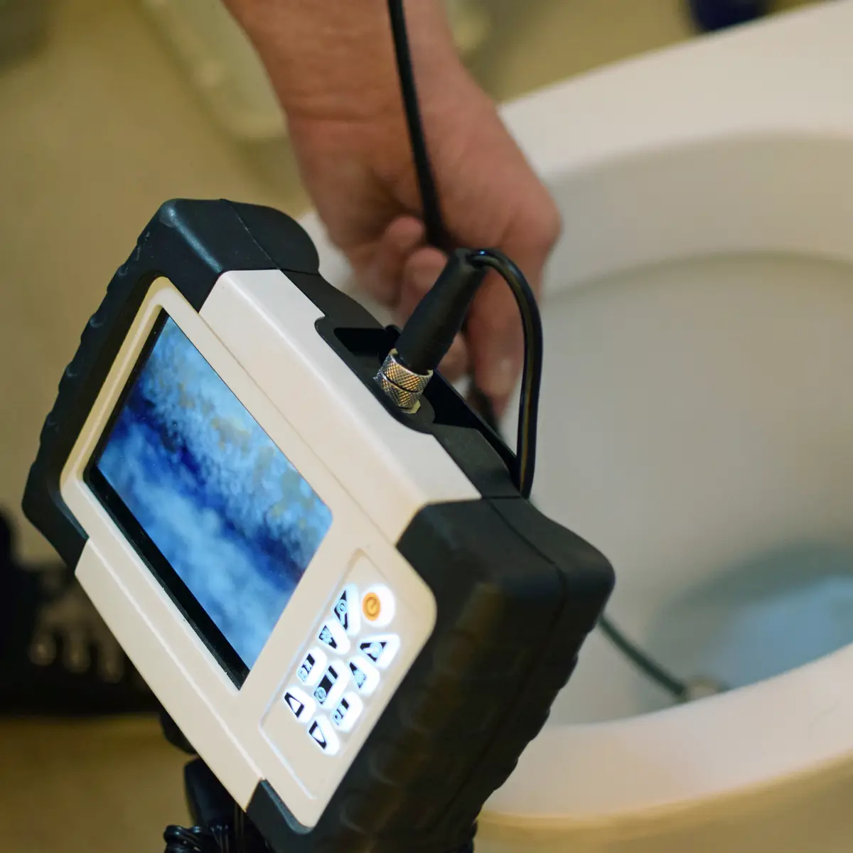 chinook plumbing plumber using a camera to inspect sewage drain through a toilet
